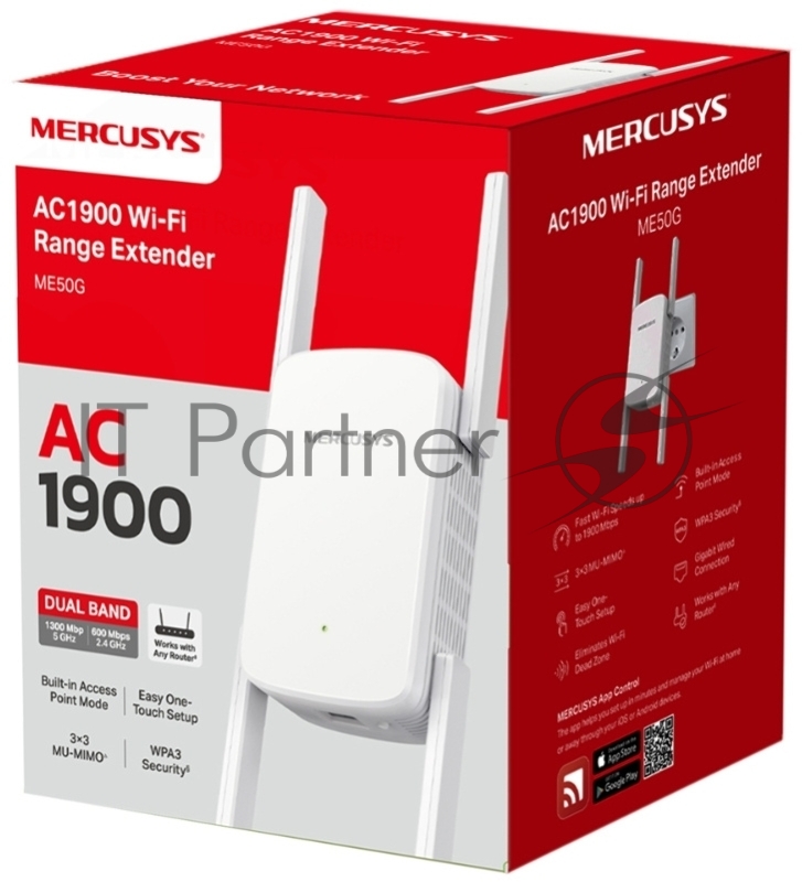 Роутер AC1900 Wi-Fi Range ExtenderSPEED: 600 Mbps at 2.4 GHz + 1300 Mbps at 5 GHz SPEC: 4× Fixed External Antennas, 1× Gigabit Port, Wall PluggedFEATURE: MERCUSYS APP, WPS/Reset Button, Signal Indicator, Range Extender/Access Point mode, Adaptive Pa