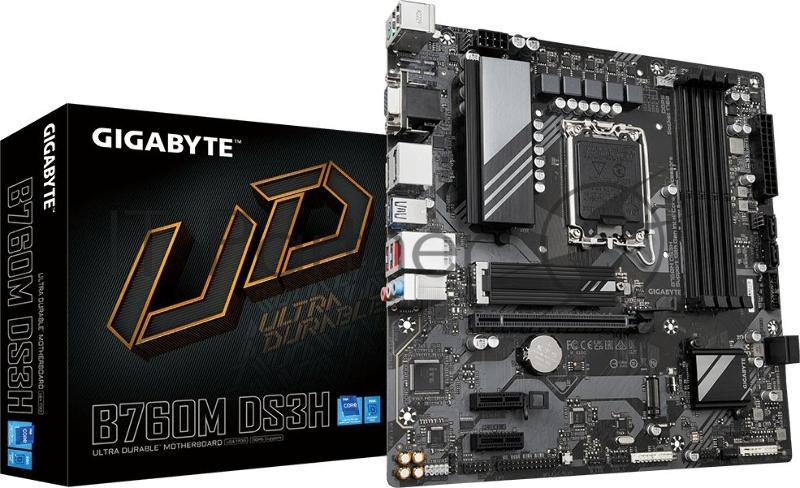 Материнская плата Gigabyte B760M DS3H, Socket 1700, Intel®B760, 4xDDR5-4800, HDMI+DP, 5xPCI-Ex16, 4xSATA3(RAID 0/1/5/10), 2xM.2, 8Ch Audio, 2,5GbLan, (4+4)xUSB2.0, (1+2)xUSB3.2, (1+1)xUSB3.2 Type-C™, mATX, RTL {10}