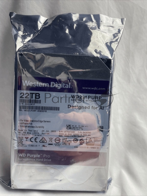 Жесткий диск Western Digital Purple PRO WD221PURP 22TB 3.5 7200 RPM 512MB SATA-III All Frame AI для систем видеонаблюдения