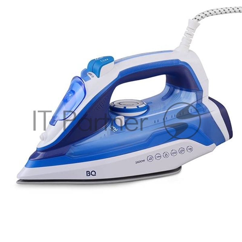 Утюг BQ SI1002 White-Blue. Мощность 2600 Вт / Резервуар для воды 320 мл / Постоянная подача пара 30 г/мин / Паровой удар 140 г / Керамическое покрытие EasyGlidePRO / Защита от перегрева / Вертикальное отпраивание / Индикация готовности к работе / Мер
