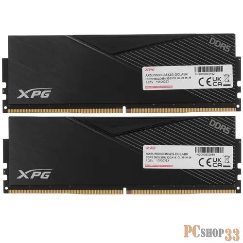 Memory Module ADATA XPG Lancer RGB DDR5 Общий объём памяти 32Гб Module capacity 16Гб Количество 2 5600 МГц Множитель частоты шины 36 1.25 В RGB черный AX5U5600C3632G-DCLARBK