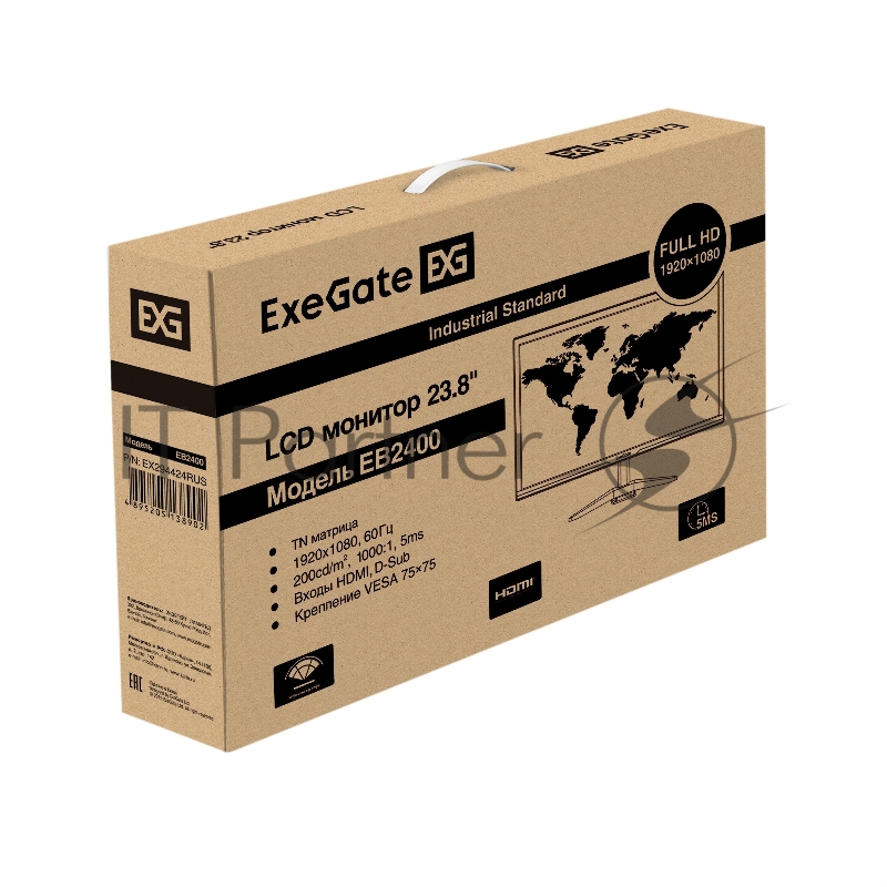 Монитор 23.8 ExeGate EB2400 (TN LED Grade A+, FHD, 1920x1080@60Гц, 16:9, 200cd/m2, 1000:1, 178°/178°, 5ms, D-Sub, HDMI, кабель HDMI 1.5м, VESA, регулировка наклона, черный)