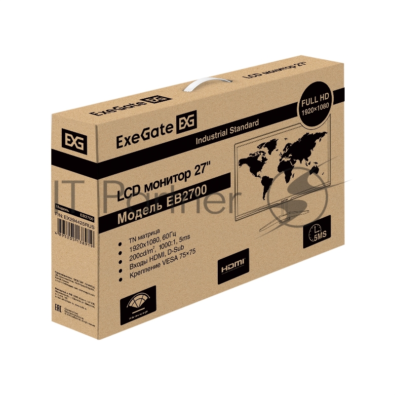 Монитор 27 ExeGate EB2700 (TN LED Grade A+, FHD, 1920x1080@60Гц, 16:9, 200cd/m2, 1000:1, 178°/178°, 5ms, D-Sub, HDMI, кабель HDMI 1.5м, VESA, регулировка наклона, черный)