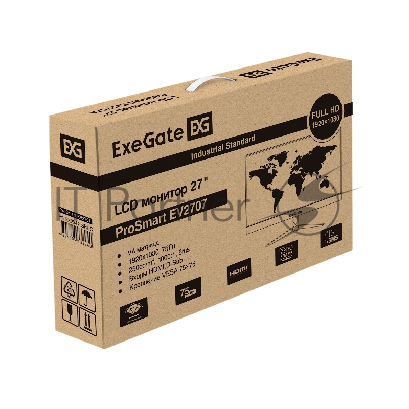 Монитор безрамочный 27 ExeGate ProSmart EV2707 (VA LED Grade A+, FHD, 1920x1080@75Гц, 16:9, 250cd/m2, 1000:1, 178°/178°, 5ms, D-Sub, HDMI, кабель HDMI 1.5м, VESA, регулировка наклона, черный)