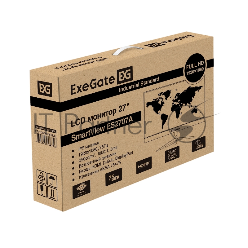 Монитор безрамочный с аудио 27 ExeGate SmartView ES2707A (IPS LED Grade A+, FHD, 1920x1080@75Гц, 16:9, 250cd/m2, 1000:1, 178°/178°, 5ms, Speakers, D-Sub, HDMI, DisplayPort, USB, кабель HDMI 1.5м, VESA, регулировка наклона, черный)