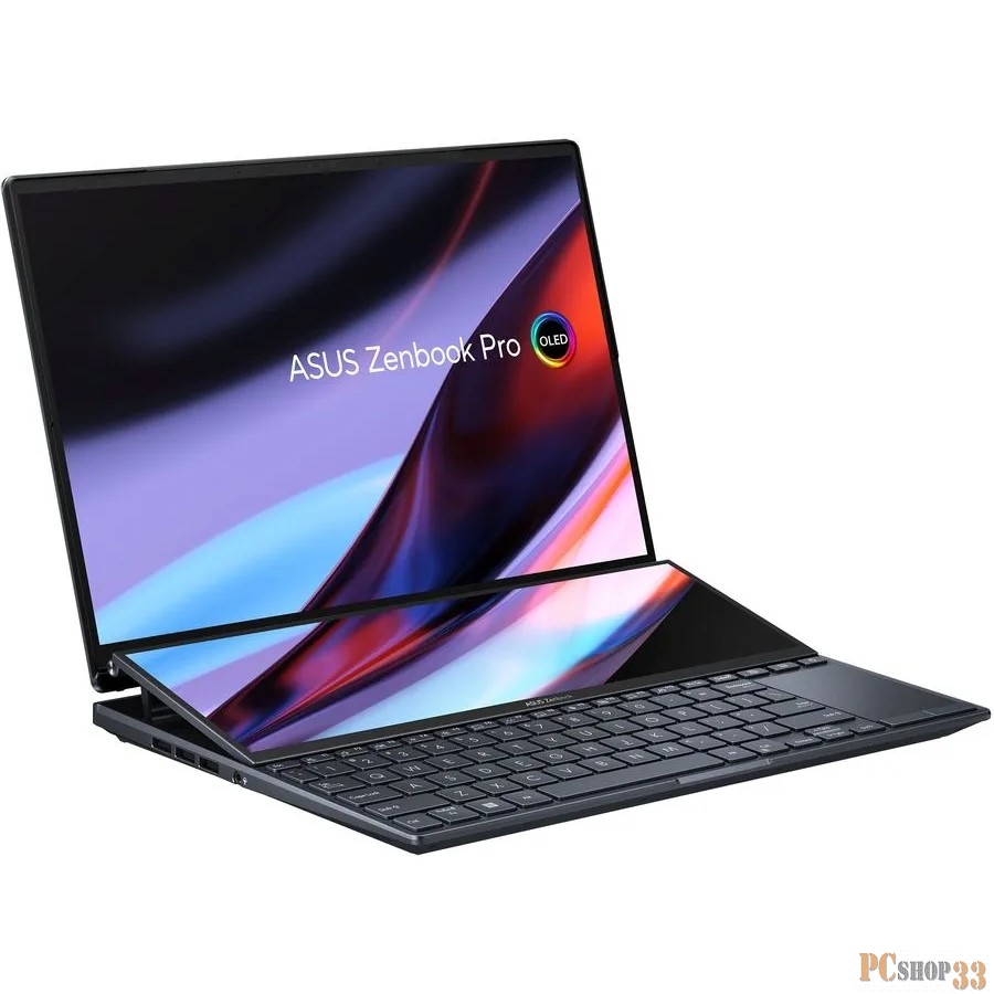 Ноутбук Asus ZenBook Pro Duo UX8402VU-P1036W Core i7 13700H 16Gb SSD1Tb NVIDIA GeForce RTX4050 6Gb 14.5 OLED Touch 2.8K (2880x1800) Windows 11 Home black WiFi BT Cam Bag (90NB10X2-M003C0)