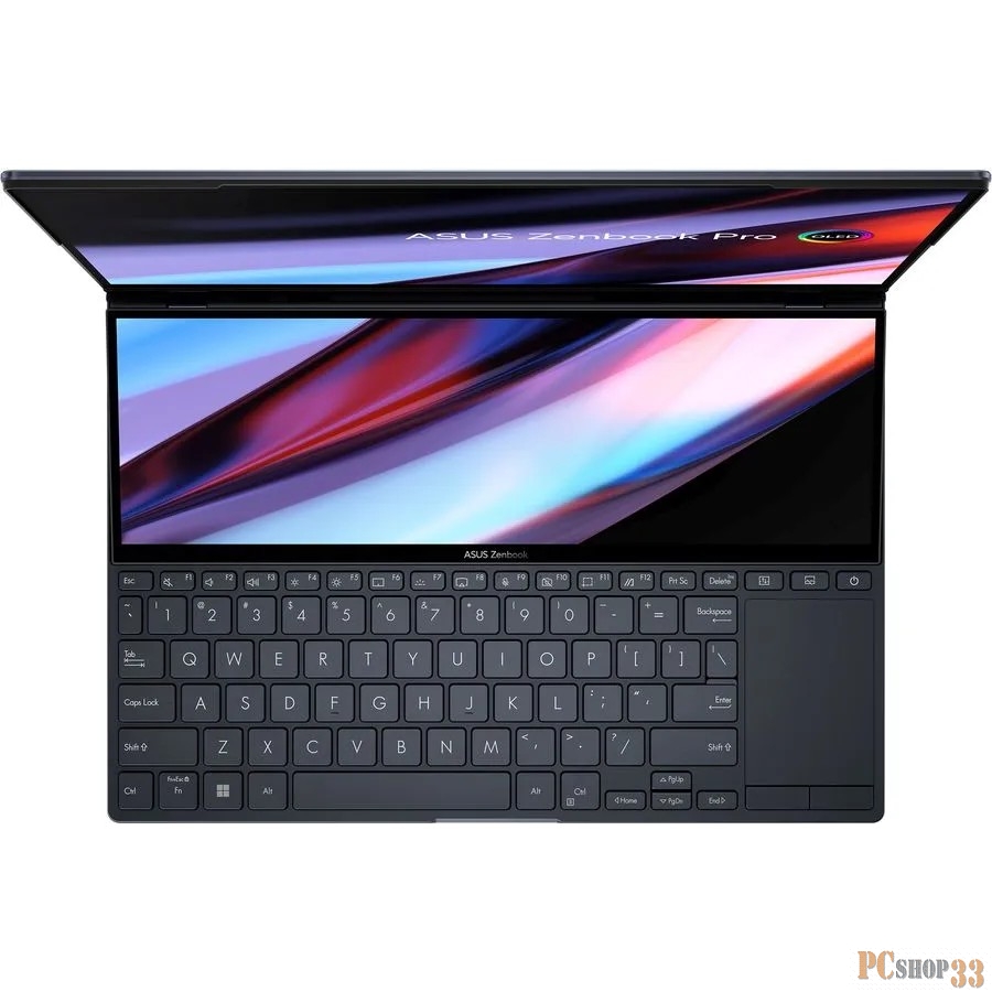 Ноутбук Asus ZenBook Pro Duo UX8402VU-P1036W Core i7 13700H 16Gb SSD1Tb NVIDIA GeForce RTX4050 6Gb 14.5 OLED Touch 2.8K (2880x1800) Windows 11 Home black WiFi BT Cam Bag (90NB10X2-M003C0)