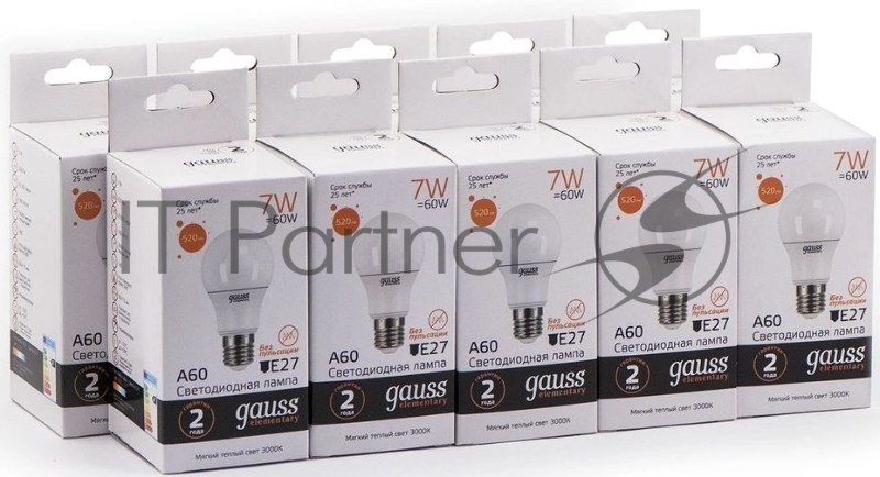 Лампа светодиодная Gauss Elementary 7Вт цок.:E27 груша 220B 3000K св.свеч.бел.теп. A60 (упак.:10шт) (23217A)