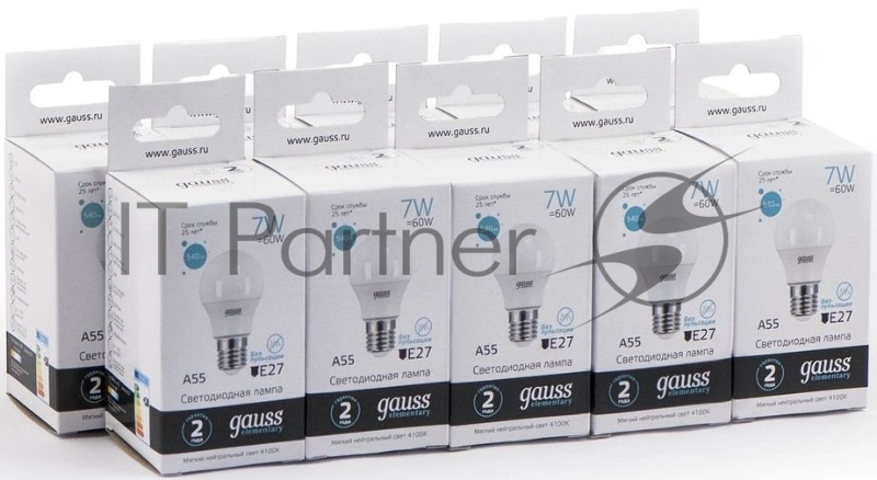 Лампа светодиодная Gauss Elementary 7Вт цок.:E27 груша 220B 4100K св.свеч.бел.нейт. A60 (упак.:10шт) (23227A)