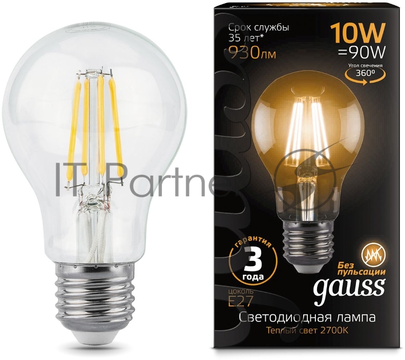 Лампа филам. Gauss 10Вт цок.:E27 шар 220B 2700K св.свеч.бел.теп. A60 (упак.:10шт) (102802110)