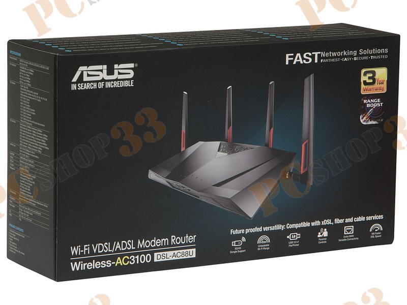 Модем DSL ASUS DSL-AC88U VDSL2/ADSL2/2+ + маршрутизатор 4 порта 1Гбит/сек. + точка доступа WiFi 2.1Гбит/сек. (LAN, WiFi)