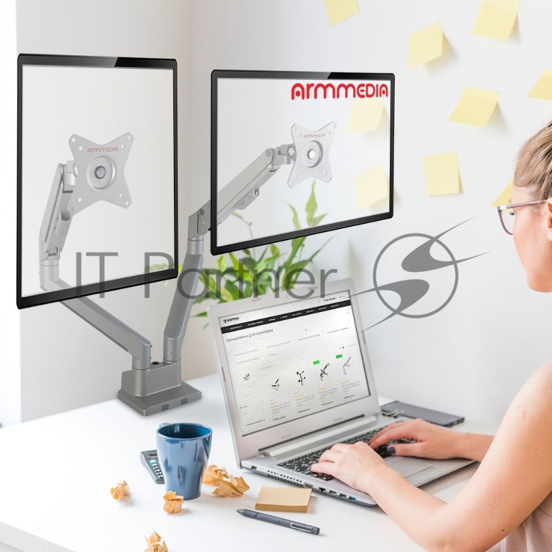 Кронштейн Arm media LCD-T36 silver, 4 шт/уп. Кр. алюм. настол. для 2-х мон. 15-34, max 2х9 кг, нак. ±45°, пов. ±180°, от стола 495 мм, max VESA 100x100 мм.