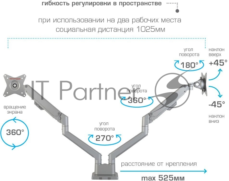 Кронштейн Arm media LCD-T36 silver, 4 шт/уп. Кр. алюм. настол. для 2-х мон. 15-34, max 2х9 кг, нак. ±45°, пов. ±180°, от стола 495 мм, max VESA 100x100 мм.