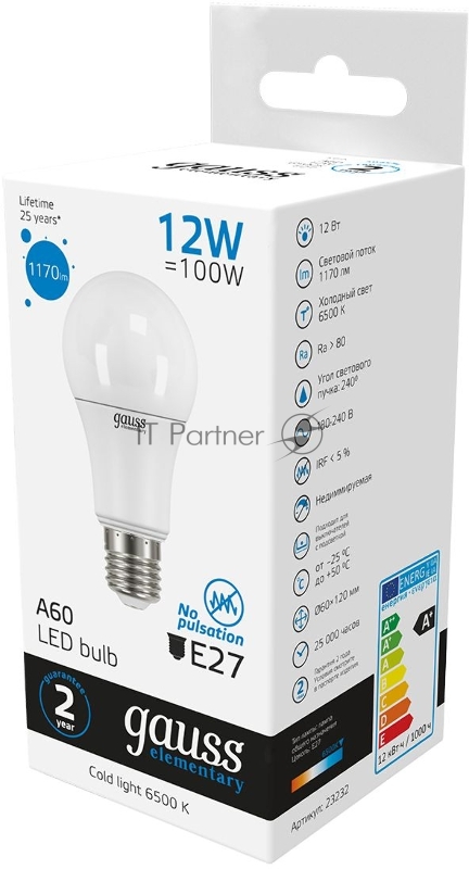 Лампа светодиодная Gauss Elementary 12Вт цок.:E27 груша 220B 6500K св.свеч.бел.хол. A60 (упак.:10шт) (23232)