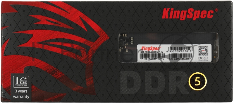 Память DDR5 16GB 4800MHz Kingspec KS4800D5P11016G RTL PC5-38400 CL40 DIMM 288-pin 1.1В single rank Ret