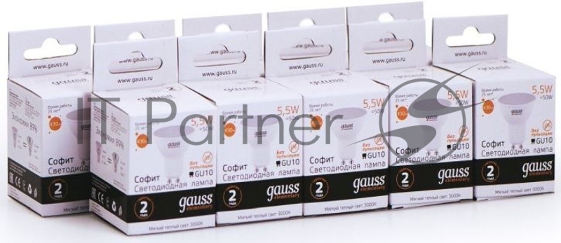 Лампа светодиодная Gauss Elementary MR16 5.5Вт цок.:GU10 спот 220B 3000K св.свеч.бел.теп. (упак.:10шт) (13616)