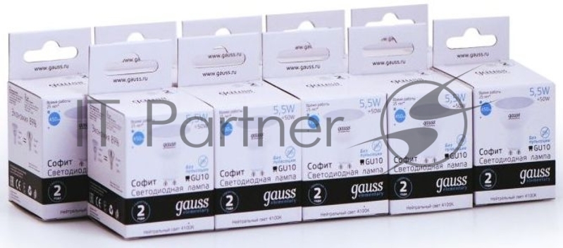 Лампа светодиодная Gauss Elementary MR16 5.5Вт цок.:GU10 спот 220B 4100K св.свеч.бел.нейт. (упак.:10шт) (13626)