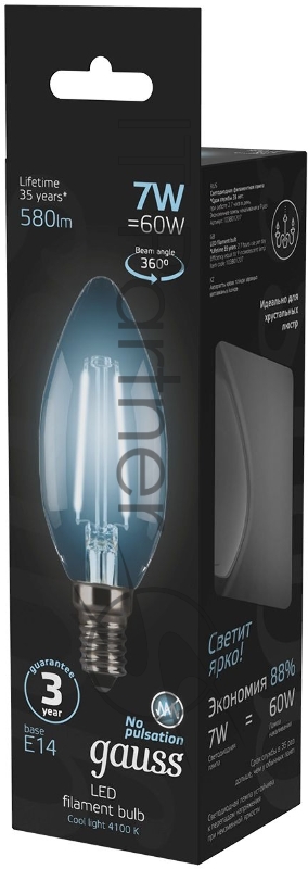 Лампа филам. Gauss 7Вт цок.:E14 свеча 220B 4100K св.свеч.бел.нейт. C37 (упак.:10шт) (103801207)