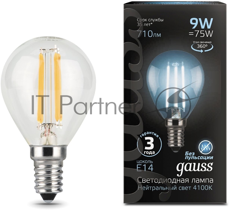 Лампа филам. Gauss Filament 9Вт цок.:E14 шар 220B 4100K св.свеч.бел.нейт. (упак.:10шт) (105801209)