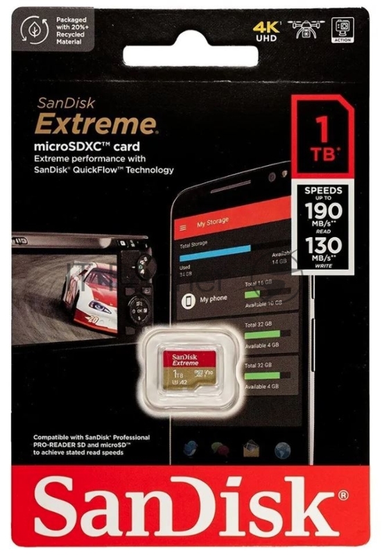 Флеш карта microSDXC SanDis 1024GBEXTREME Class 10, UHS-I, W130, R 190 МБ/с, <SDSQXAV-1T00-GN6MN> без адаптера на SD
