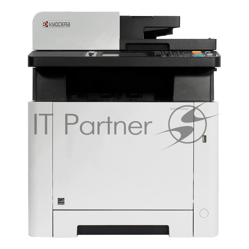 МФУ Kyocera Ecosys M5526cdw, цветной лазерный принтер/сканер/копир, A4, 26 стр/мин, 1200x1200 dpi, 512 Мб, ADF, дуплекс, подача: 300 лист., вывод: 150 лист., Post Script, Ethernet, USB, Wi-Fi, картридер, цветной ЖК-дисплей