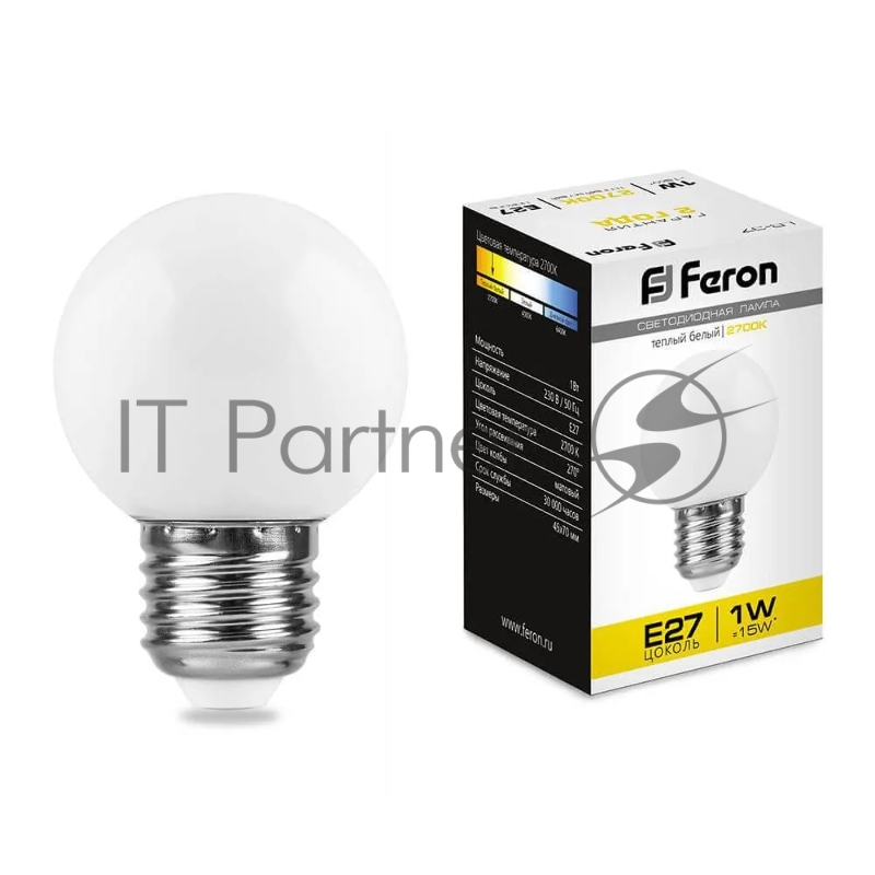 Лампа светодиодная LED 1вт Е27 белый 2700К (шар)