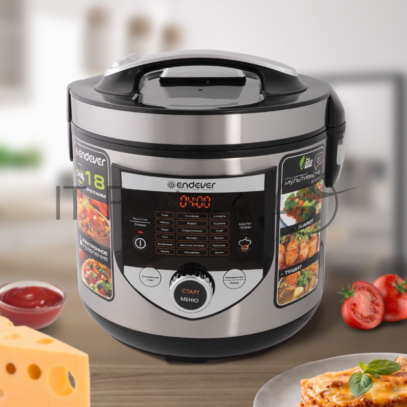 Мультиварка электрическая Endever Vita 61, стальной/чёрный, мощность 860 Вт, емкость 5л, 18 авторежимов, функция мастер-повар,книга рецептов