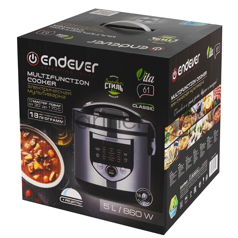 Мультиварка электрическая Endever Vita 61, стальной/чёрный, мощность 860 Вт, емкость 5л, 18 авторежимов, функция мастер-повар,книга рецептов