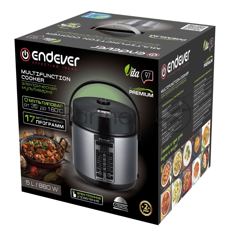 Мультиварка электрическая Endever Vita-97, черный/стальной, мощность 860 Вт, емкость 5л, 17 авторежимов работы,мульти повар, книга рецептов, 4 шт/уп.