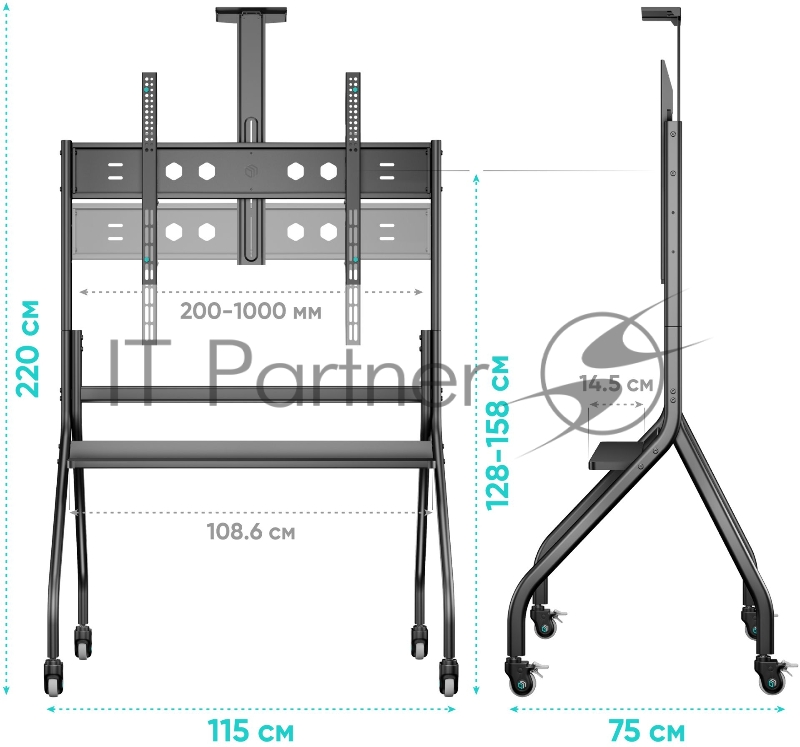 Подставка для телевизора Onkron TS2080 черный 60-120 макс.150кг напольный мобильный