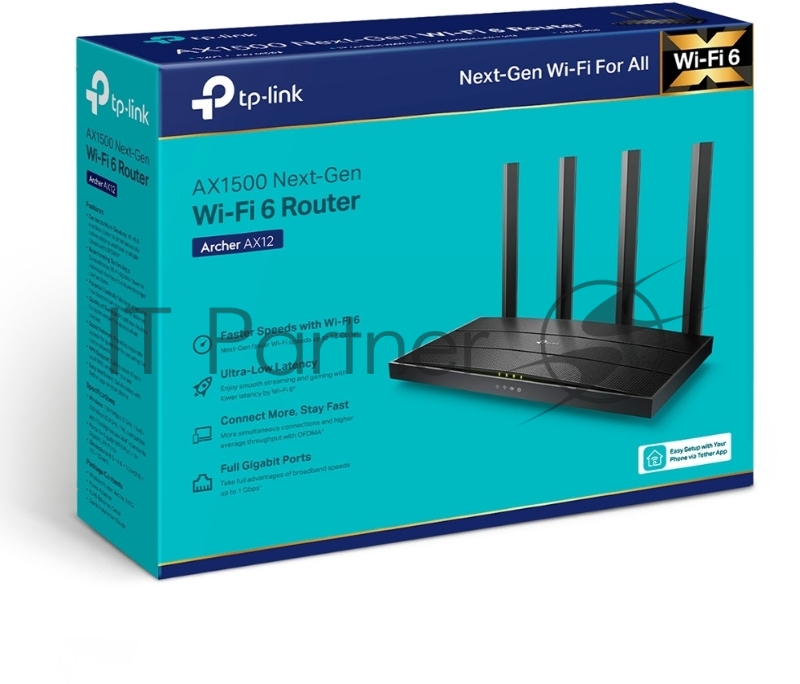 Роутер AX1500 Dual-Band Wi-Fi 6 RouterSPEED: 300 Mbps at 2.4 GHz + 1201Mbps at 5 GHzSPEC: 4× Antennas, 1GHz Dual Core CPU, 1× Gigabit WAN Port + 3× Gigabit LAN Ports, 1024-QAM, OFDMAFEATURE: Tether App, WPA3, Access Point Mode, IPv6 Supported, IPTV,