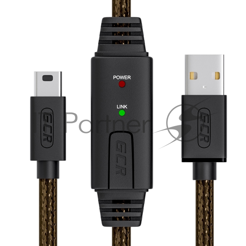 Кабель активный 15.0m GCR USB 2.0, AM/mini 5P, черно-прозрачный, с усилителем сигнала, разъём для доп.питания, 28/24 AWG, GCR-UM2M5P1-BD2S-15.0m