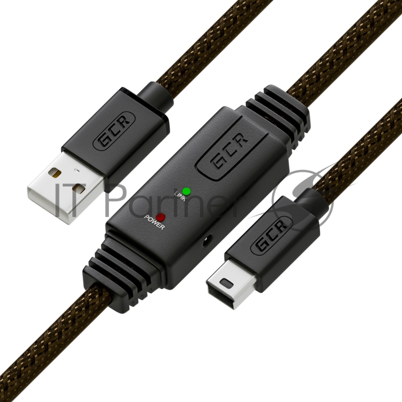 Кабель активный 15.0m GCR USB 2.0, AM/mini 5P, черно-прозрачный, с усилителем сигнала, разъём для доп.питания, 28/24 AWG, GCR-UM2M5P1-BD2S-15.0m