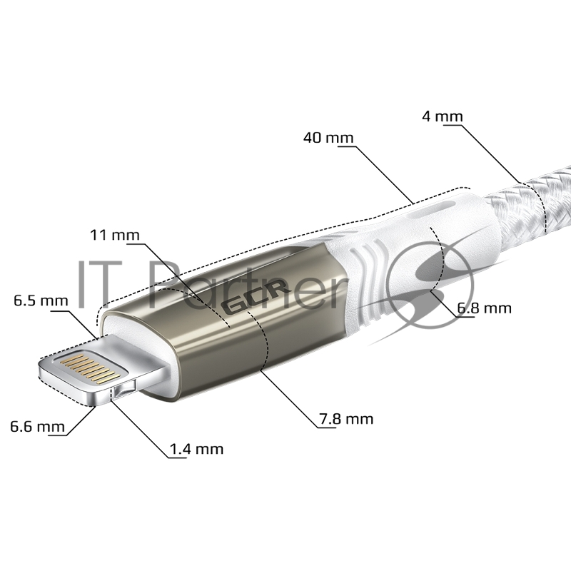 Кабель GCR 1.0m TypeC/Lightning MFI POWER DELIVERY 18 W, быстрая зарядка, белый нейлон, корпус relief, белый ПВХ, GCR-52633