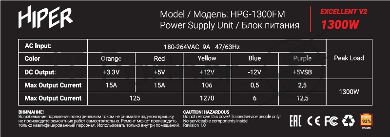Блок питания для ПК 1300 Ватт PSU HIPER HPG-1300FM (1300W, Gold 14cm Fan, 220V input, Efficiency 93%, Modular, Black)BOX