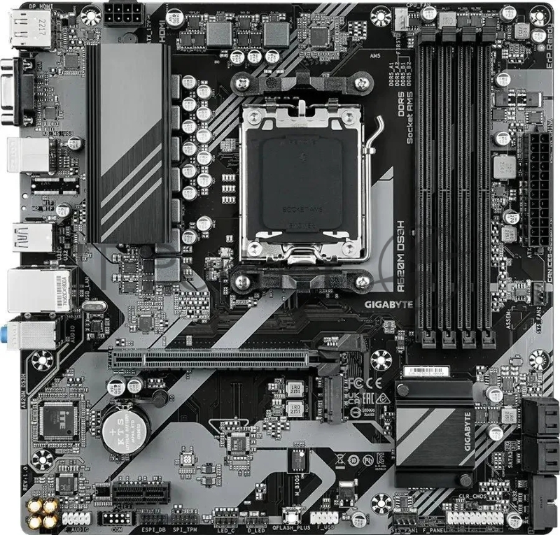 Материнская плата Gigabyte A620M DS3H, Socket AM5, 2xDDR5-5200, D-SUB+HDMI+DP, 1xPCI-Ex16, 1xPCI-Ex1, 4xSATA3(RAID 0/1/10), 1xM.2, 8 Ch Audio, GLan, (4+4)xUSB2.0, (2+2)xUSB3.2, 1xPS/2, mATX, RTL {10}