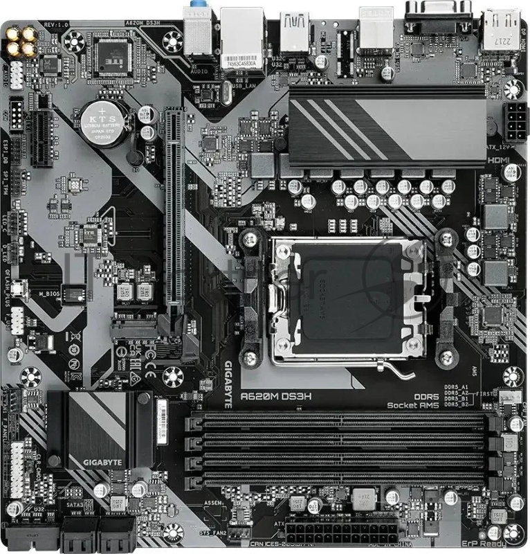 Материнская плата Gigabyte A620M DS3H, Socket AM5, 2xDDR5-5200, D-SUB+HDMI+DP, 1xPCI-Ex16, 1xPCI-Ex1, 4xSATA3(RAID 0/1/10), 1xM.2, 8 Ch Audio, GLan, (4+4)xUSB2.0, (2+2)xUSB3.2, 1xPS/2, mATX, RTL {10}