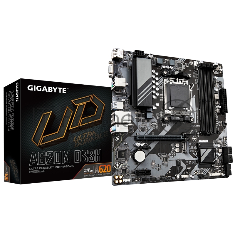 Материнская плата Gigabyte A620M DS3H, Socket AM5, 2xDDR5-5200, D-SUB+HDMI+DP, 1xPCI-Ex16, 1xPCI-Ex1, 4xSATA3(RAID 0/1/10), 1xM.2, 8 Ch Audio, GLan, (4+4)xUSB2.0, (2+2)xUSB3.2, 1xPS/2, mATX, RTL {10}