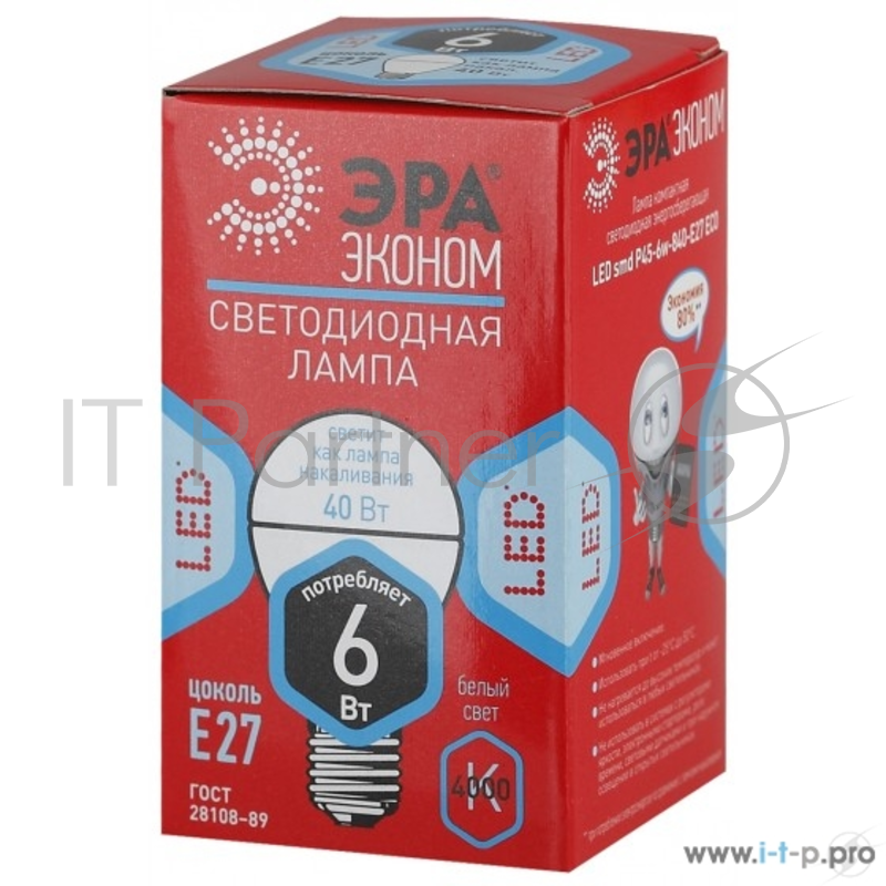ЭРА Светодиодные лампы ЭРА Б0019074 ECO LED P45-6W-840-E27 Лампа ЭРА (диод, шар, 6Вт, нейтр, E27)
