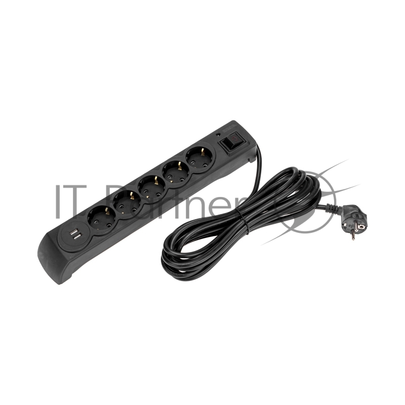 Фильтр сетевой 5 гнезд, 5м, 3х1,5мм², с автовыкл, 2 USB, черный KRANZ