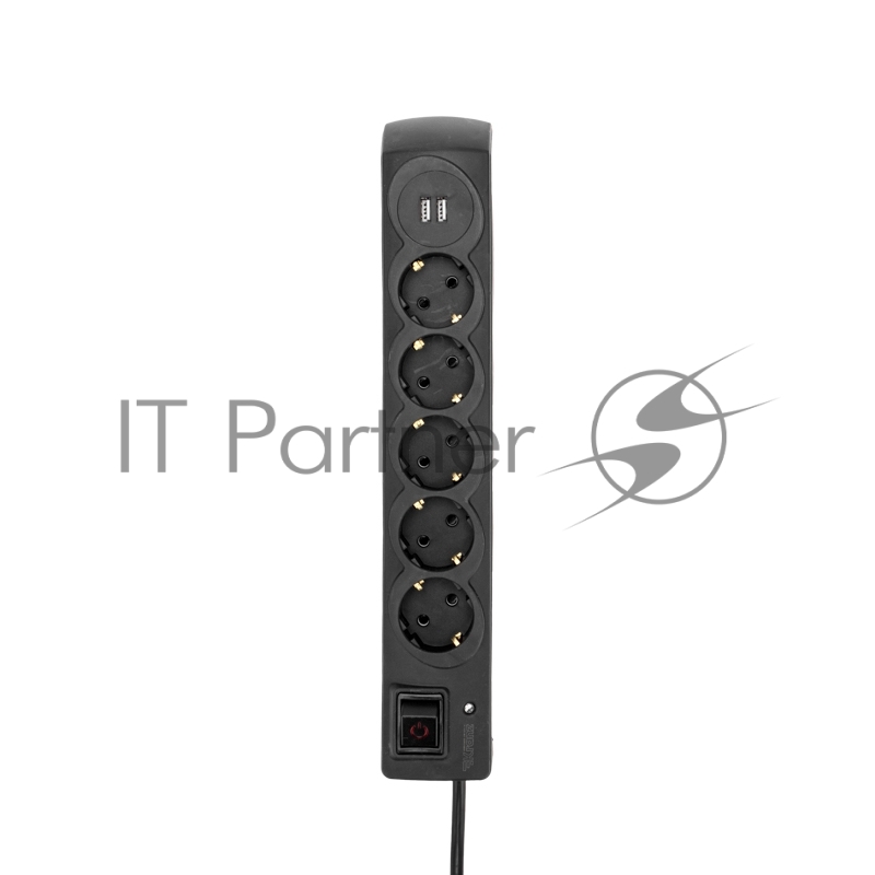 Фильтр сетевой 5 гнезд, 5м, 3х1,5мм², с автовыкл, 2 USB, черный KRANZ