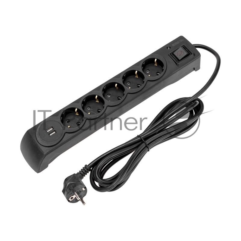 Фильтр сетевой 5 гнезд, 3м, 3х1,5мм², с автовыкл, 2 USB, черный KRANZ