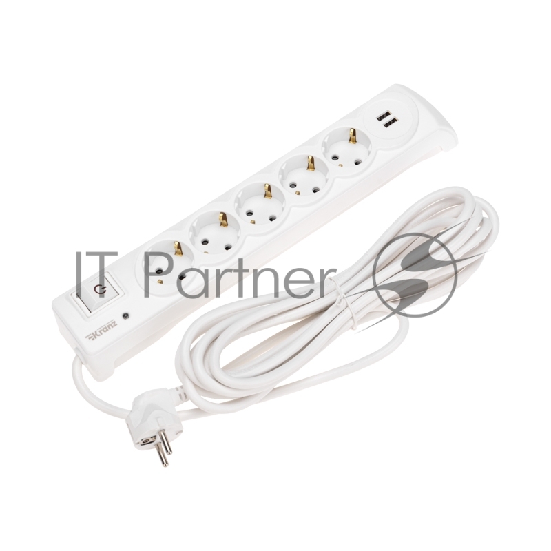 Фильтр сетевой 5 гнезд, 5м, 3х1,5мм², с автовыкл, 2 USB, белый KRANZ