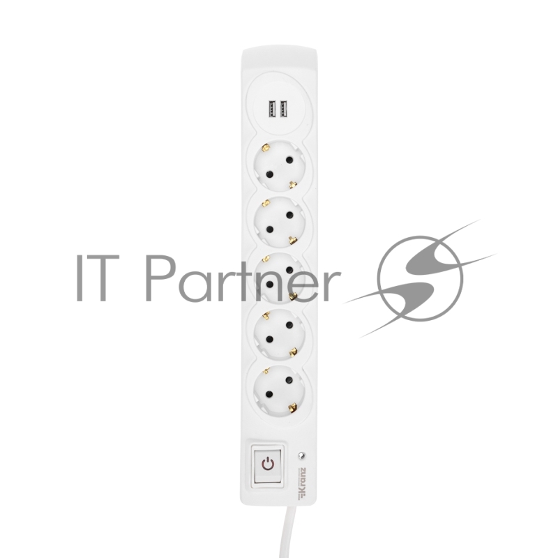 Фильтр сетевой 5 гнезд, 5м, 3х1,5мм², с автовыкл, 2 USB, белый KRANZ
