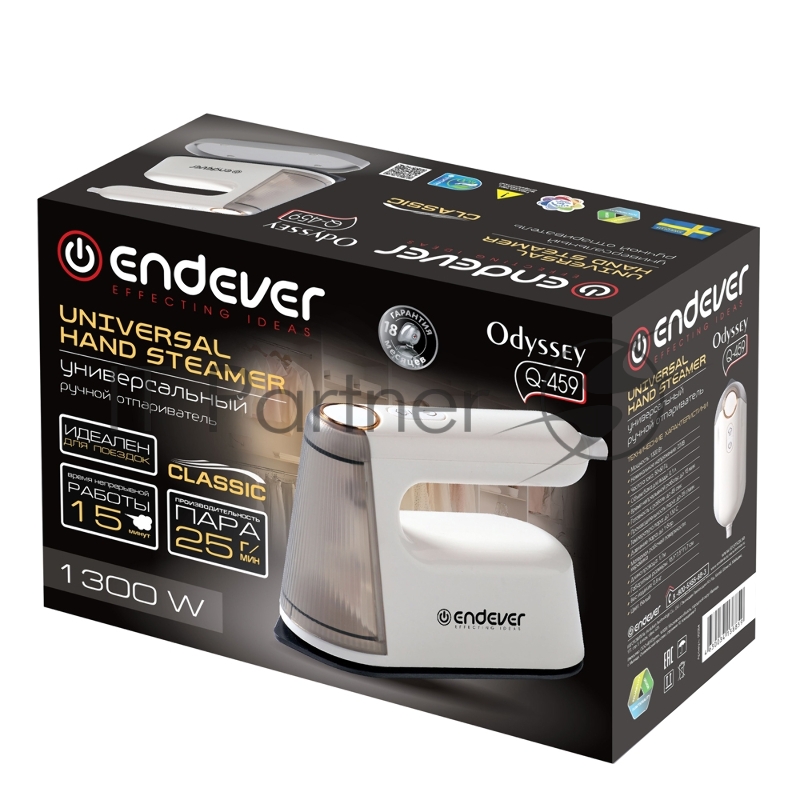 Отпариватель для одежды компактный Endever Odyssey Q-459, белый, мощность 1300 Вт, производительность пара 25 г/мин, емкость бака 0,1л, 10 шт/уп.