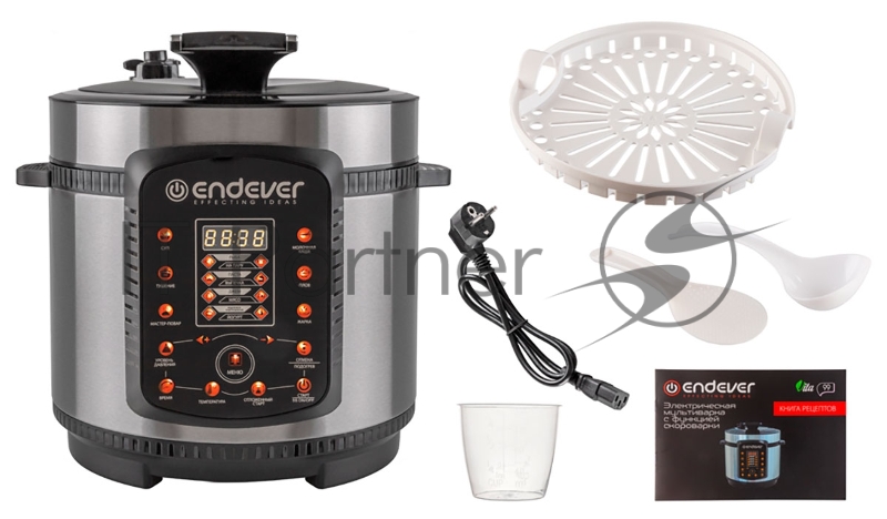 Скороварка-мультиварка электрическая Endever Vita-99, черный/стальной, мощность 1000 Вт, емкость 5л, 14 авторежимов работы, книга рецептов, 2 шт/уп.
