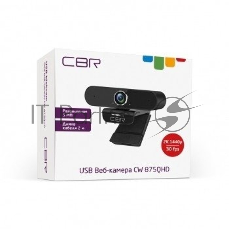 Веб-камера с матрицей 5 МП, CBR CW 875QHD Black, разрешение видео 2560х1440, USB 2.0, встроенный микрофон с шумоподавлением, автофокус, крепление на мониторе, длина кабеля 2 м, цвет чёрный