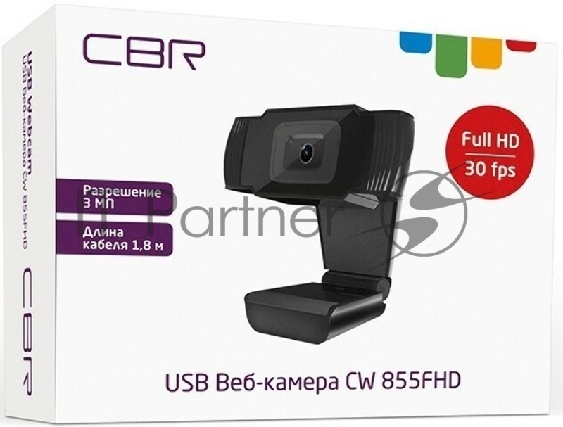 Веб-камера с матрицей 3 МП, CBR CW 855FHD Black, разрешение видео 1920х1080, USB 2.0, встроенный микрофон с шумоподавлением, фикс.фокус, крепление на мониторе, длина кабеля 1,8 м, цвет чёрный