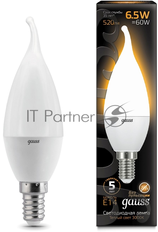 Лампа светодиодная Gauss 6.5Вт цок.:E14 свеча 220B 3000K св.свеч.бел.теп. (упак.:10шт) (104101107)