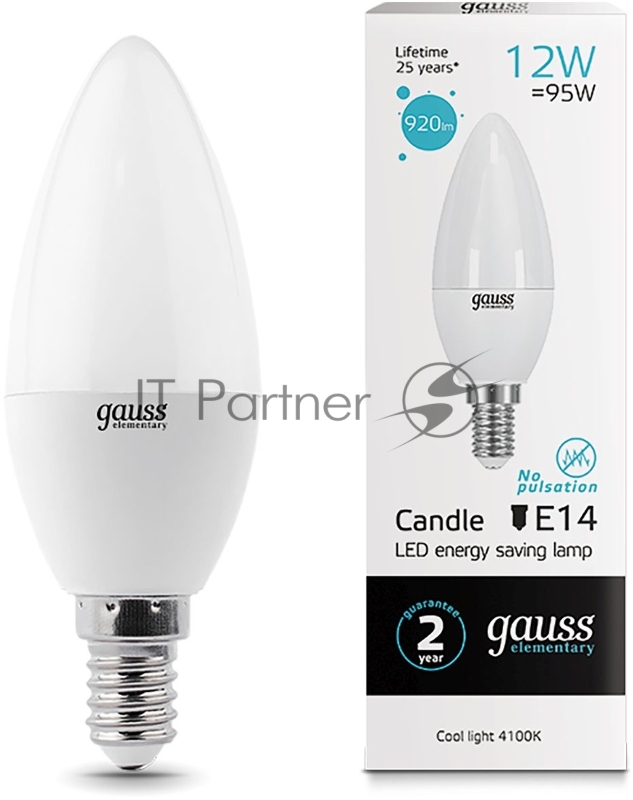 Лампа светодиодная Gauss Elementary 12Вт цок.:E14 свеча 220B 4100K св.свеч.бел.нейт. C37 (упак.:10шт) (33122)